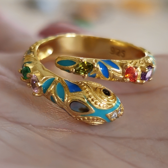 18KT GOLD/925 STERLING SILVER TURQUOISE DIAMOND EMERALD SNAKE ADJUSTABLE RING - Picture 5 of 16